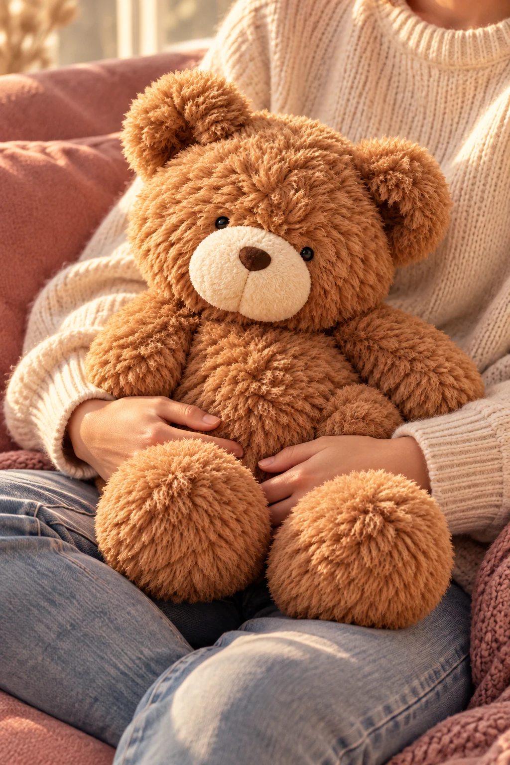 Marlow the plush bear held close in a cosy moment on the sofa